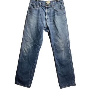LL Bean Jeans Mens 36x32 Green Flannel Lined Classic Fit Med Wash Distressed